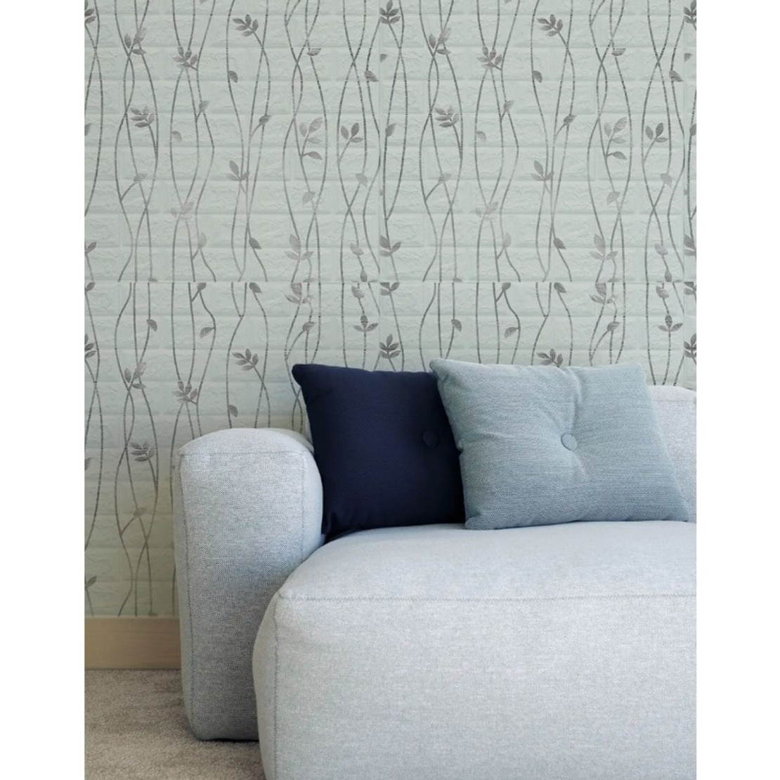 Set 10 Placi de Tapet, Vafy, Autoadezive, 70 x 77 cm, Suprafata Acoperita 5.3 mp, din PVC, Model Frunze Argintii, Gri