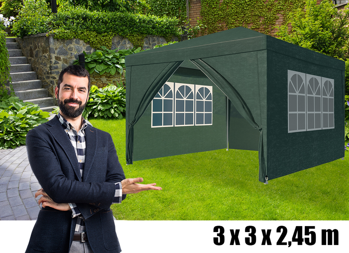 Cort pavilion de gradina, 300x300 cm, cu 4 pereti laterali cu ferestre, impermeabil cu rezistenta UV, verde
