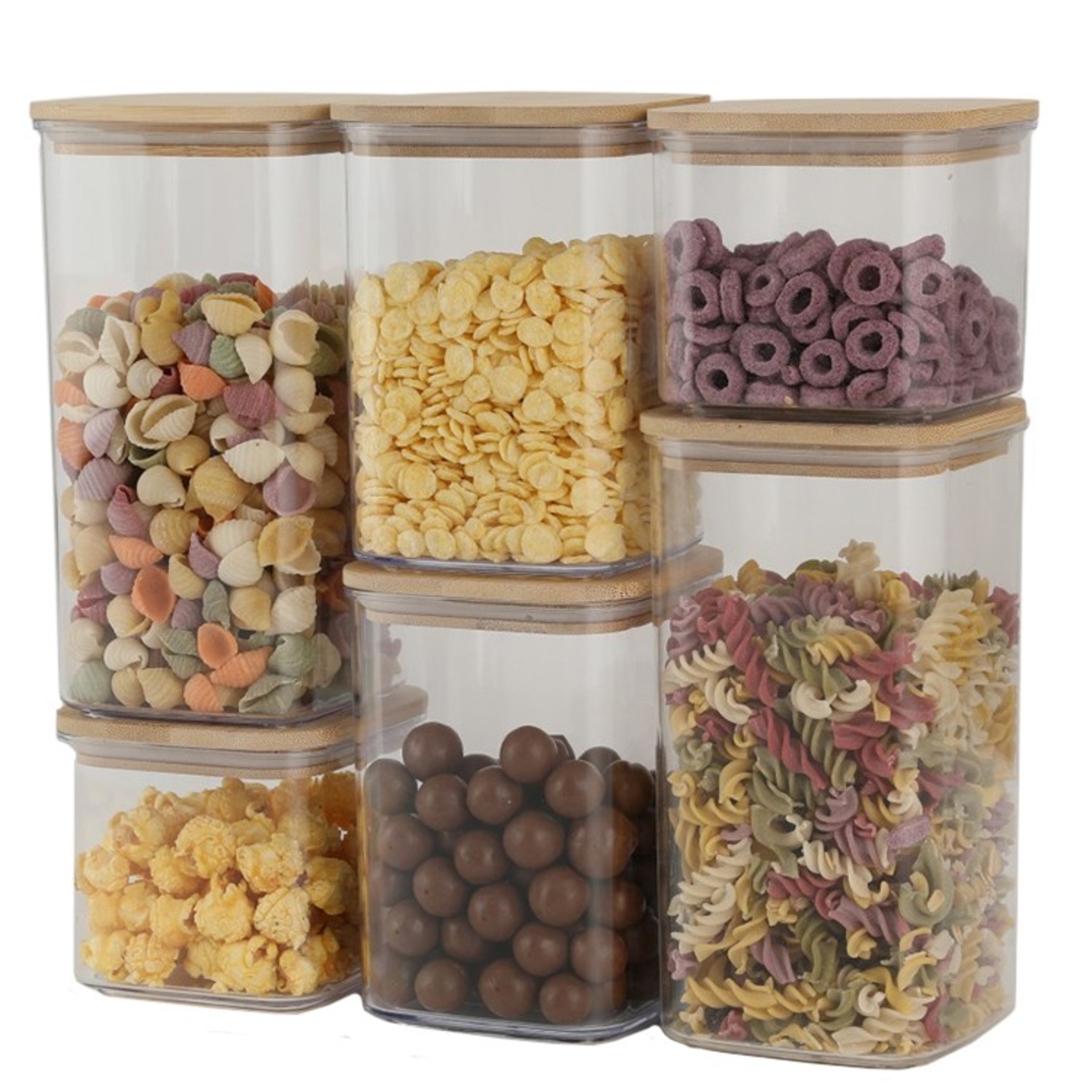 Cutii de Depozitare Alimente, Flippy, Set din 6 Cutii de tip Container, Cutii pentru Cereale, din Plastic, Capac din Bambuc, 2pc 0.5 l. 2pc 0.8 l