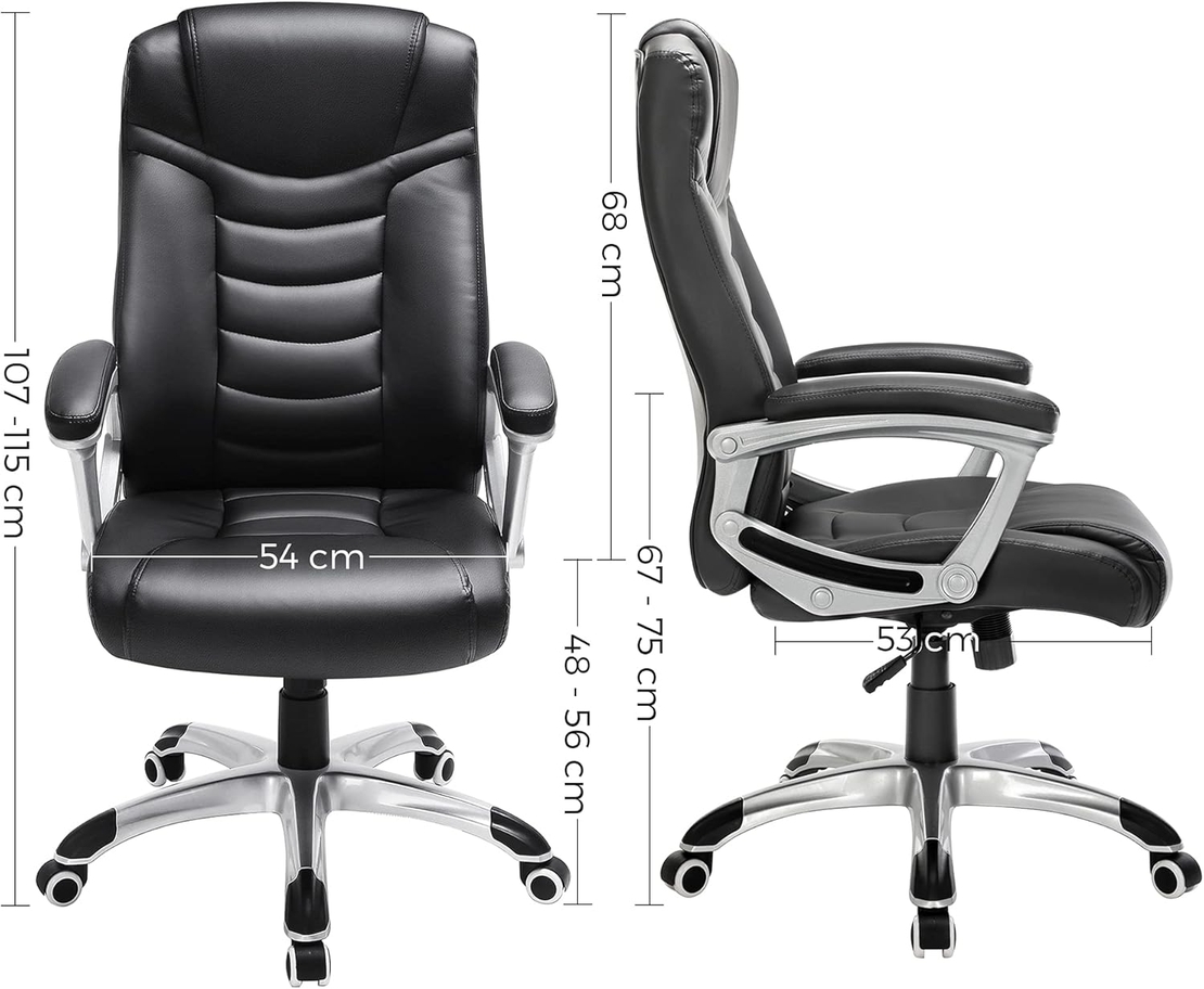 SONGMICS Scaun ergonomic de birou reglabil pe inaltime, piele ecologica, maxim 150 kg, 53x54x115 cm, negru