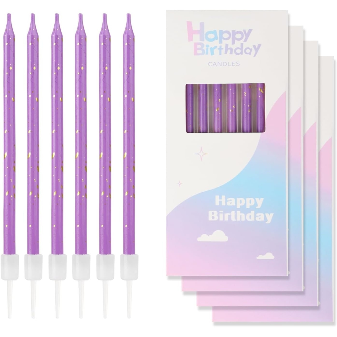 Set 6 Lumanari Lungi, Flippy, din Parafina, 10 x 0.5 cm, Happy Birthday, Mov