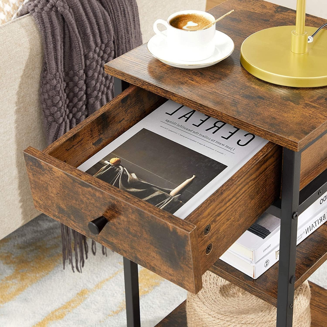 VASAGLE Noptiera inalta cu sertar si 2 rafturi de depozitare, stil industrial, 35x35x70cm, maro rustic si negru