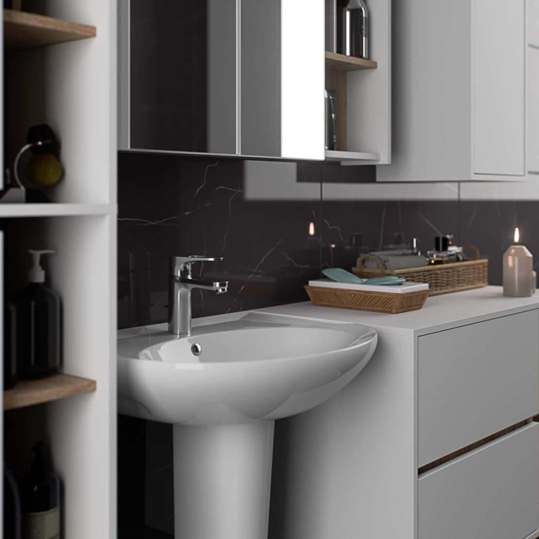 Etajera de baie suspendata, cu 2 sertare, PAL 16 mm, 90x46x60 cm, alb si stejar sonoma