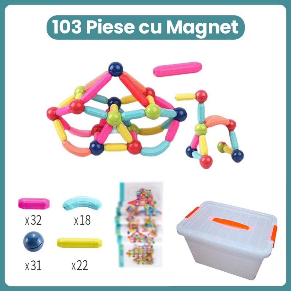 Piese Magnetice pentru Copii, Flippy, Set din 103 de Piese de diferite Culori, Constructor Magnetic cu Posibilitatea de a Construii forme Nelimitate, Multicolor
