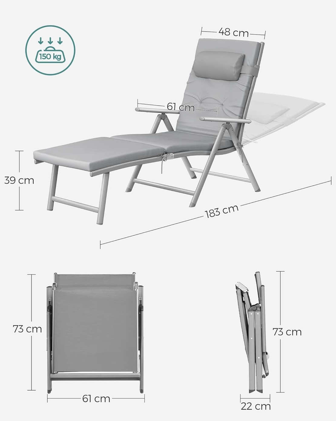 SONGMICS Sezlong pliabil, cu saltea groasa si tetiera, spatar reglabil, maxim 150kg, 183x60x39cm, gri