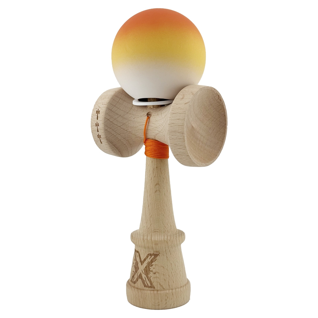 Kendama X Originala, Profesionala, Flippy, Cupe Mari KING SIZE V3, Rubber Grip, Gaura in Baza, Rulment Metalic, din lemn 18 cm, Ata 62/65 cm, Gradient Portocaliu/Galben/Alb