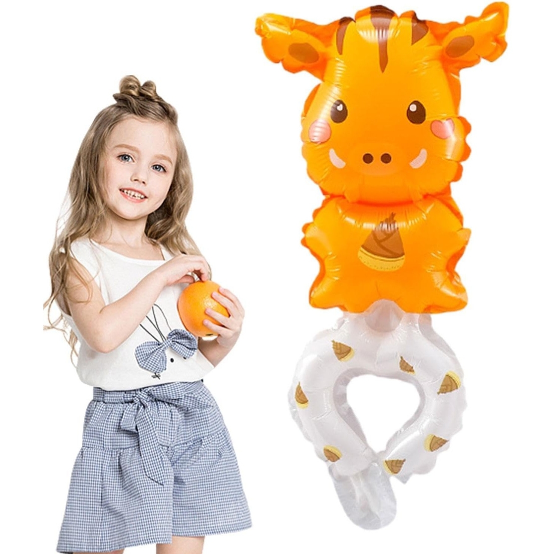 Balon din Folie Metalizata, Vafy, Figurine Animalute, Tip Bratara, Model Girafa, 13 x 35 cm, Ambalaj Individual, Pai Inclus, Umflare cu Aer sau Heliu, Maro