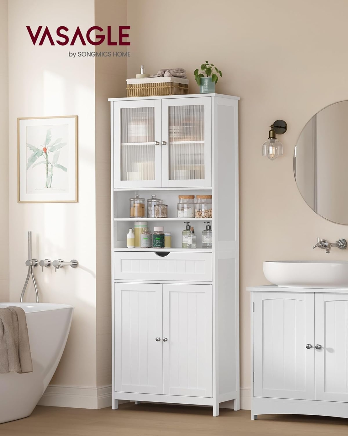 VASAGLE Dulap de baie cu sertar si rafturi reglabile, MDF, 60x30x170 cm, alb