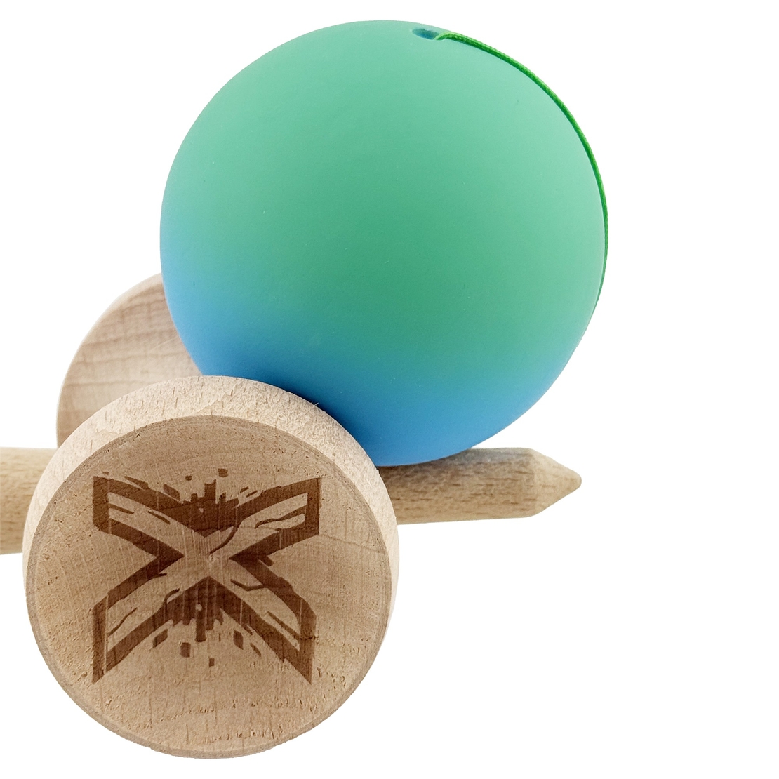 Kendama X Originala, Profesionala, Flippy, Cupe Mari KING SIZE V3, Rubber Grip, Gaura in Baza, Rulment Metalic, din lemn 18 cm, Ata 62/65 cm, Gradient Verde/Albastru