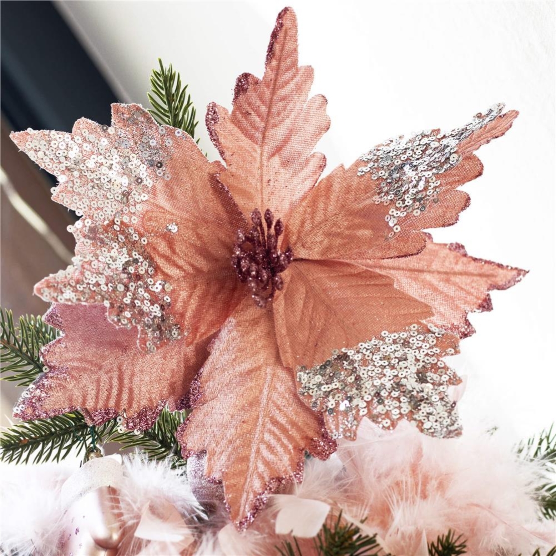 Set 5 ornamente pentru bradul de Craciun, stea Poinsettia, 26cm, roz argintiu