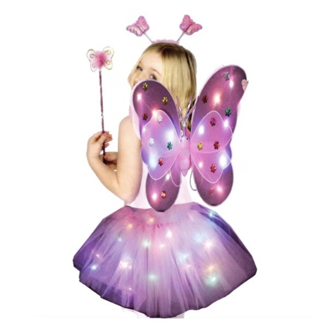 Costum Fluturas cu Aripi Modelabile Luminoase pentru Copii, Flippy, Fusta din Tul cu Lumini, Bagheta si Bentita, 4 piese, Pentru Halloween, Roleplay, Craciun, Carnaval, Paste, Ziua Copilului, Bumbac/Poliester, Marime universala, Curcubeu