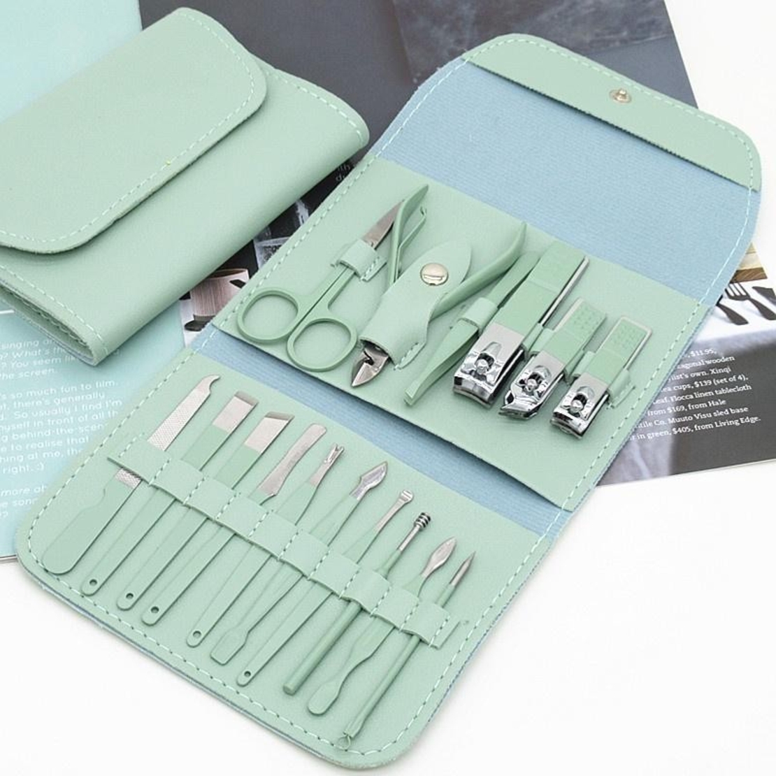 Set 16 Piese de Ingrijire Cosmetica, Flippy, pentru Manichiura, Pedichiura, Fata, Geanta Organizatoare din Piele Ecologica Inclusa, Verde
