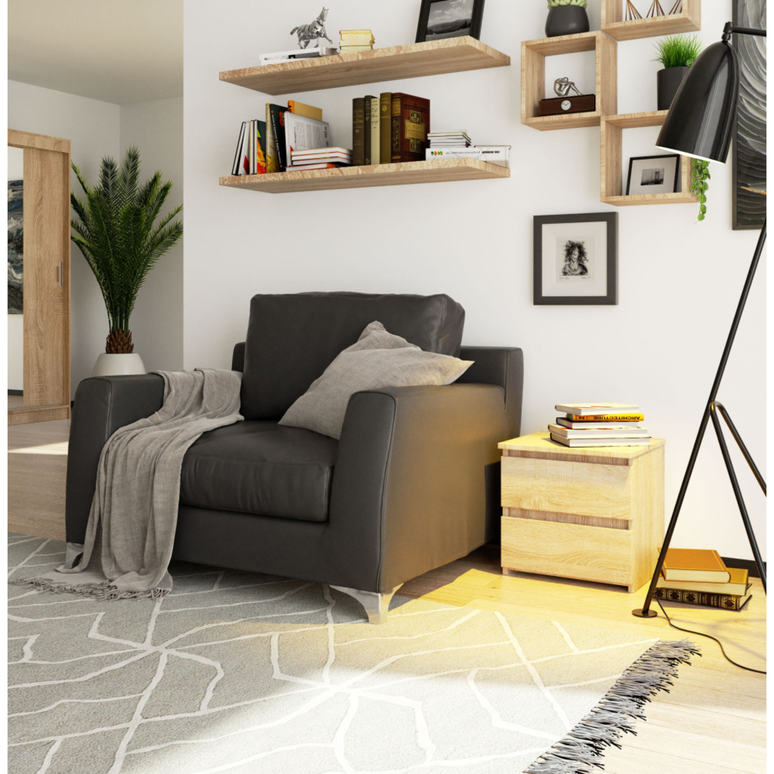 Noptiera cu 2 sertare, din PAL laminat, 40x35x40 cm, stejar sonoma