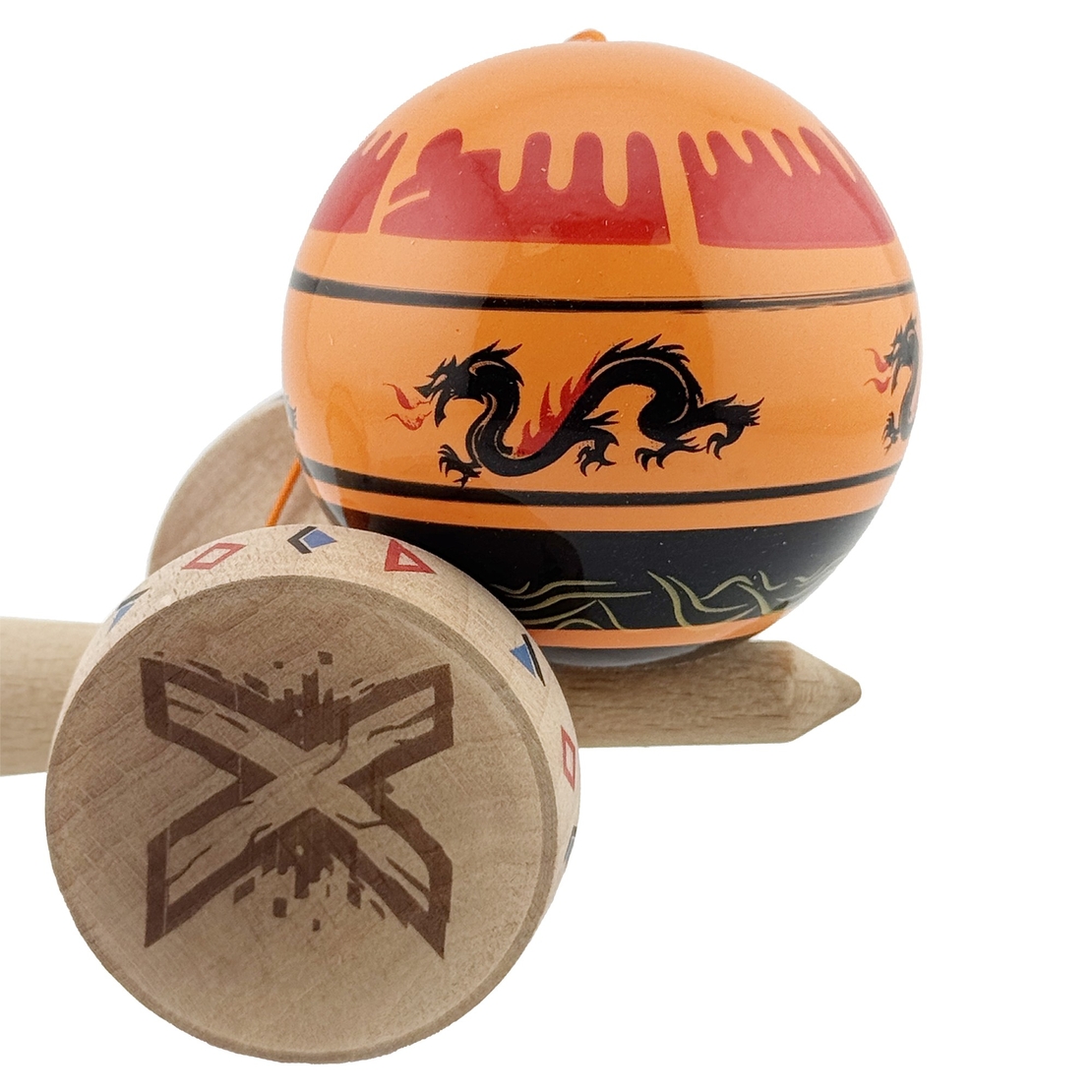 Kendama X Originala, Profesionala, Flippy, DRAGON Series, Super Sticky cu Cupe Mari King Size V3, Rulment Metalic si Gaura in Baza, din Lemn 18 cm, Ata 62/65 cm, Portocaliu/Negru