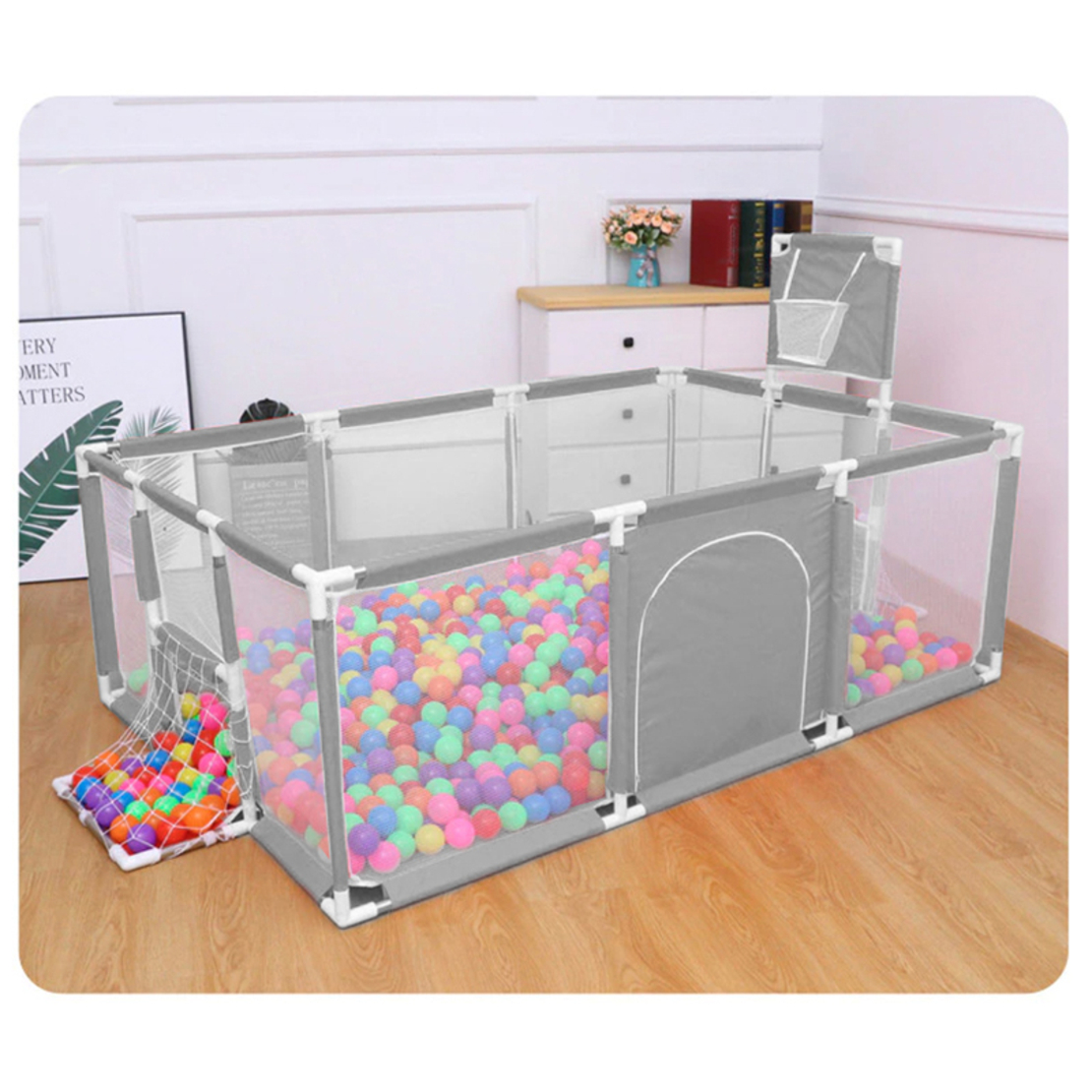 Tarc loc de joaca XXL pentru copii sau bebe, material textil, gri, 230x122x62cm