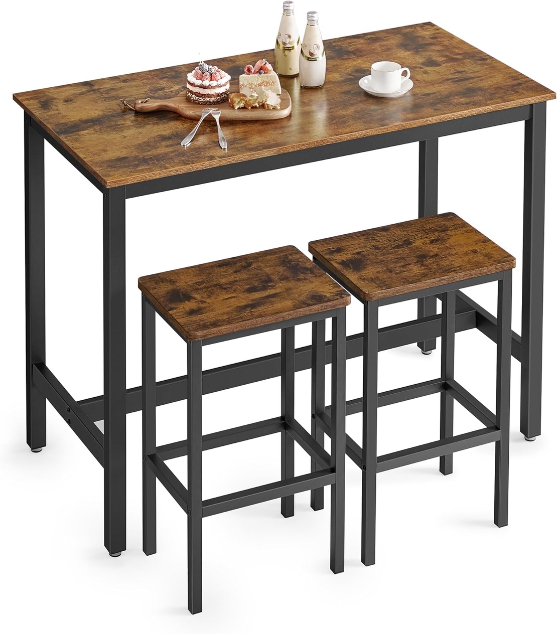 VASAGLE Set masa de bar cu 2 scaune, cadru din otel, blat lemn, stil industrial, 120x60x90cm, maro rustic