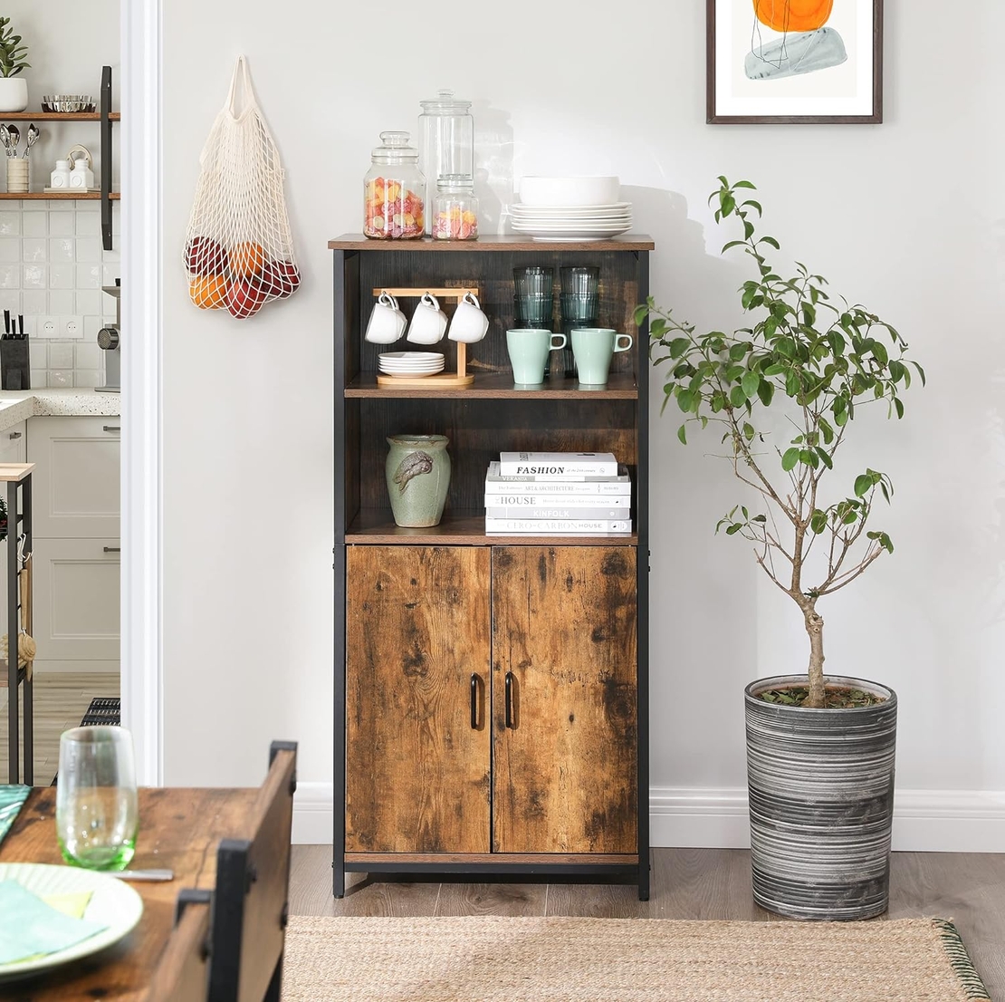 VASAGLE Comoda cu rafturi tip bufet, utilizare multifunctionala, stil industrial, 35x60x125cm, maro rustic