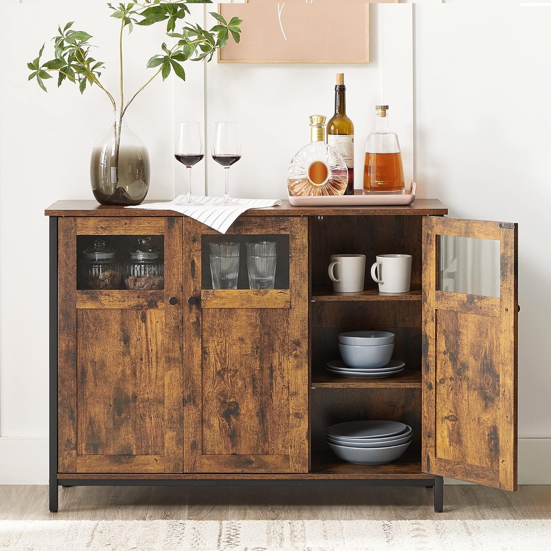 VASAGLE Comoda cu 3 usi din sticla, cadru metalic, stil industrial, 35x100x75 cm, maro rustic