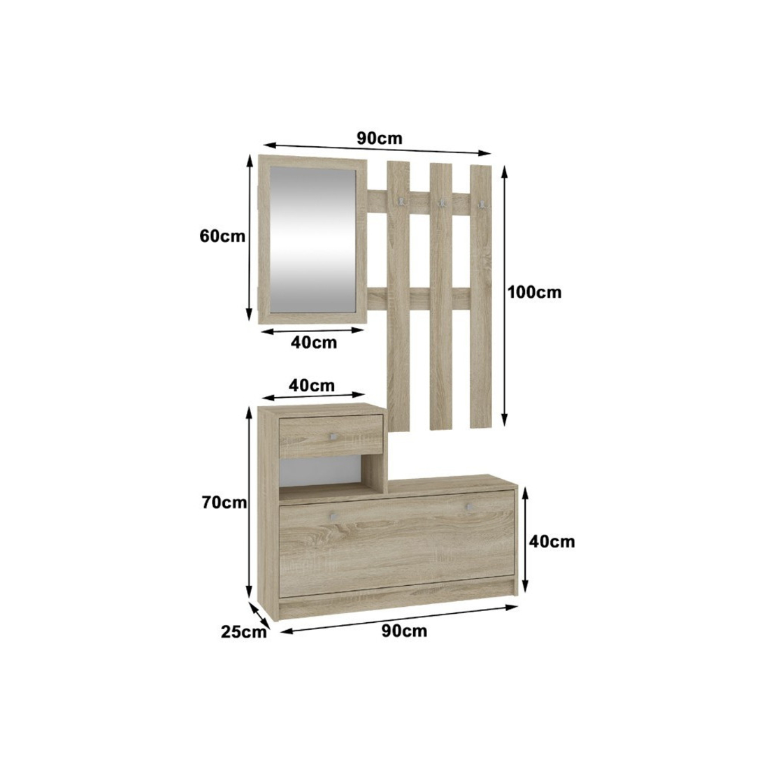 Set mobilier hol cu pantofar, oglinda, sertar si cuier metalic, PAL laminat, 90x25x170 cm, stejar sonoma