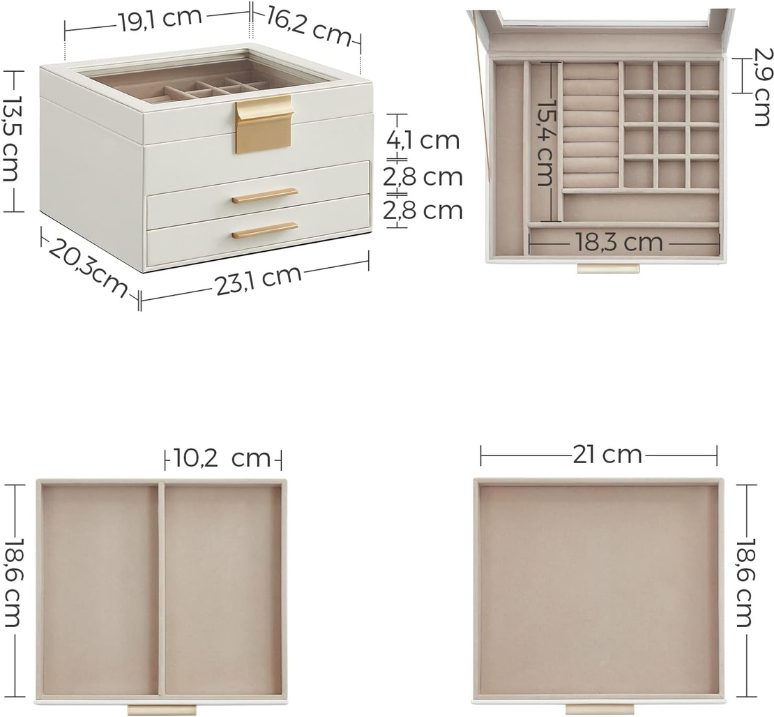 SONGMICS Cutie de bijuterii cu 3 nivele, 2 sertare, capac din sticla, 20x23x14cm, alb si auriu