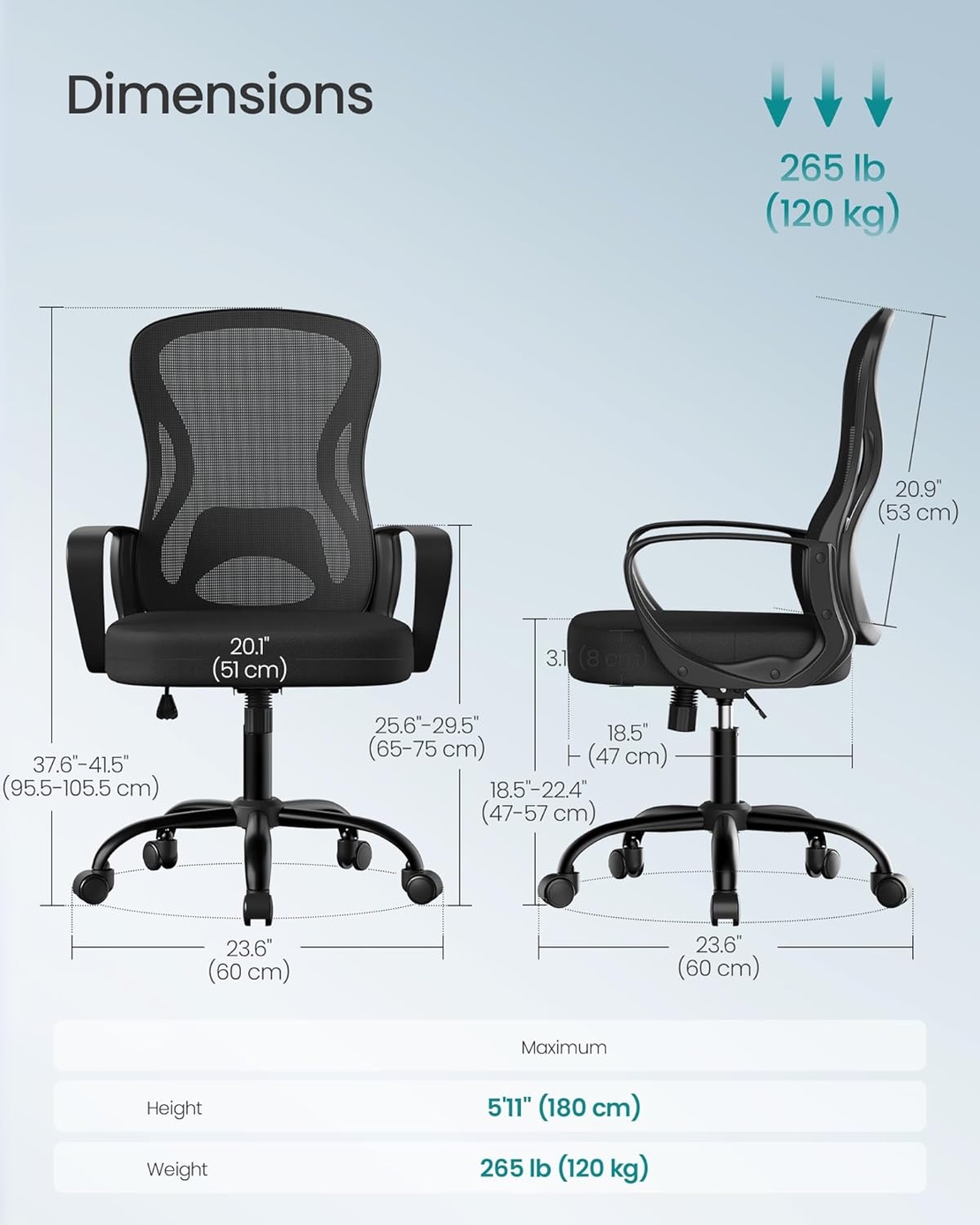 SONGMICS Scaun de birou ergonomic, spatar mesh cu suport lombar, reglabil pe inaltime, baza metalica, 60x60x106 cm, negru