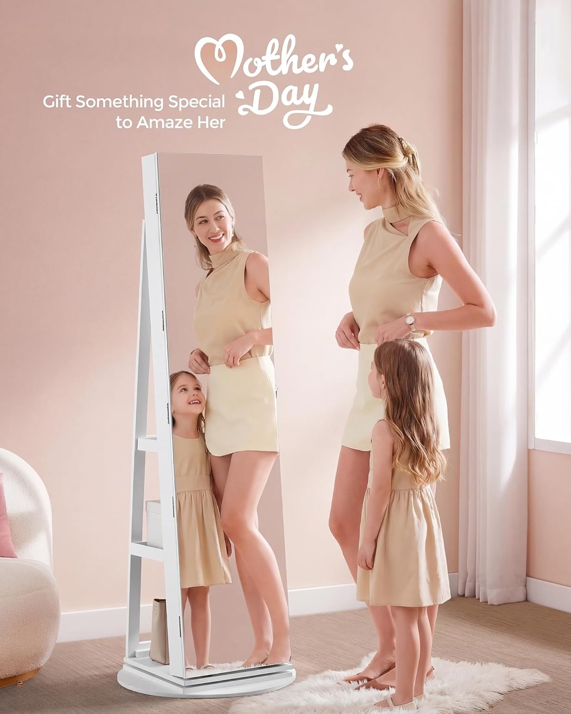 SONGMICS Oglinda de podea cu suport rotativ la 360°, cu spatiu de depozitare, material MDF, 55x55x162 cm, alb