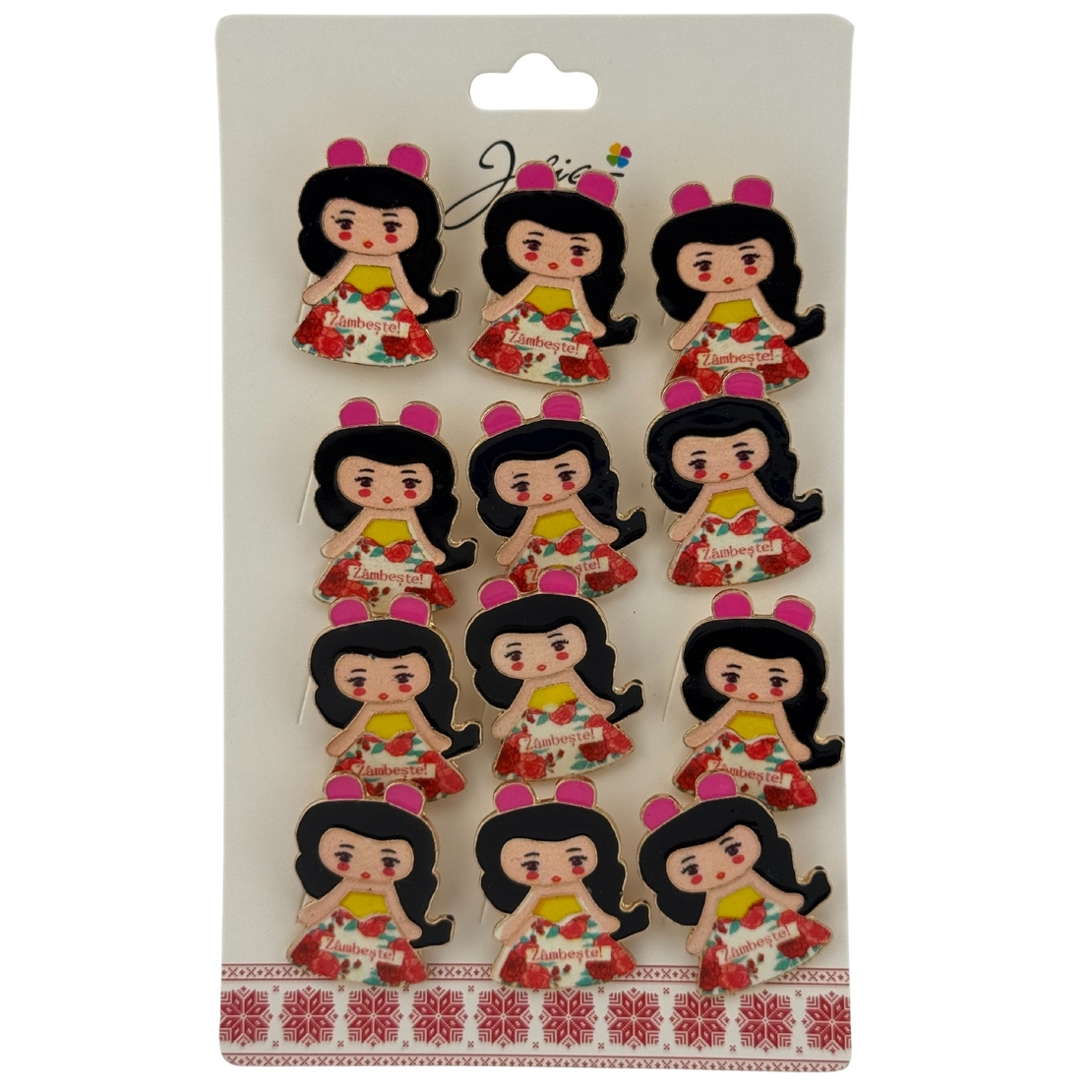 Set 12 Brose Martisor pentru Copii, Jolie, Model Fetita, cu Mesaj Zambeste, Multicolor