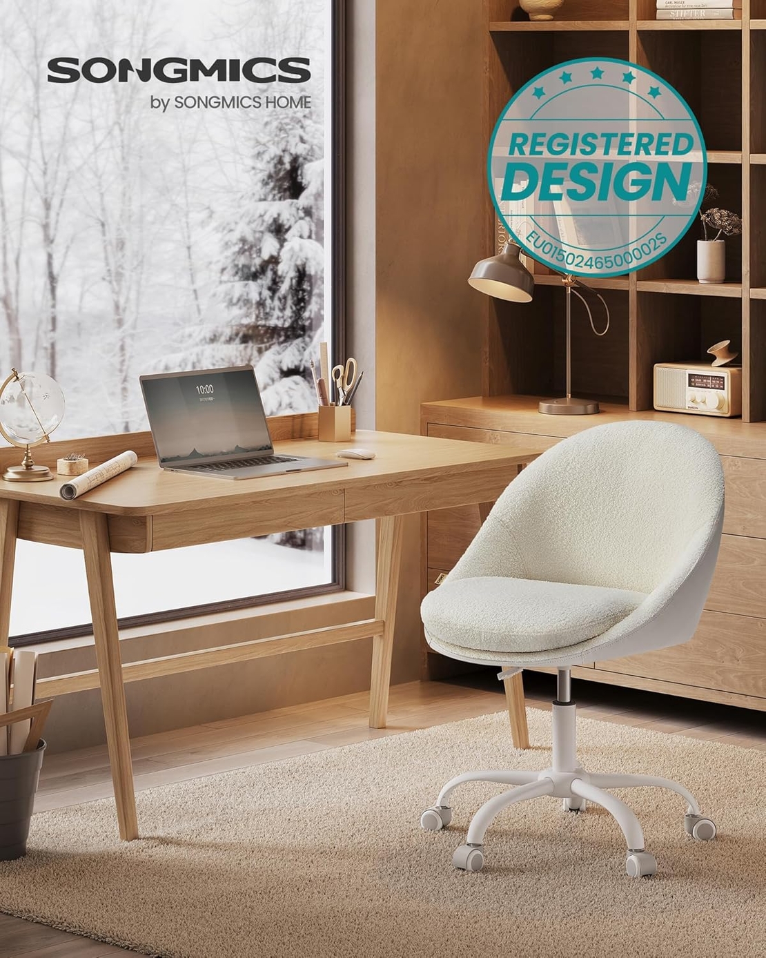 SONGMICS Scaun de birou ergonomic, inaltime reglabila, 60x60x(80-90) cm, bej