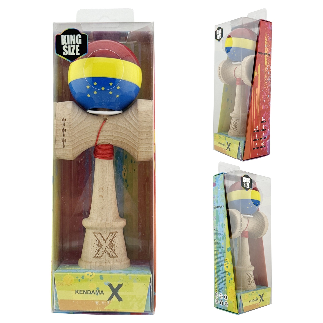 Kendama X Originala, Profesionala, Flippy, Tricolor Edition cu Stele, Super Sticky cu Cupe Mari KING SIZE V3, Rulment Metalic si Gaura in Baza, din Lemn 18 cm, Ata 62/65 cm, Multicolor