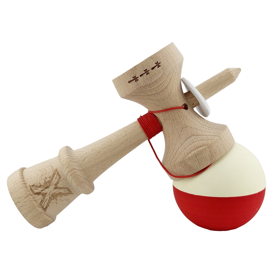 Kendama X Originala, Profesionala, Flippy, Rubber Grip, Cupe Mari KING SIZE V3, Gaura in Baza, Rulment Metalic, din lemn 18 cm, Ata 62/65 cm, Bicolor Galben/Rosu