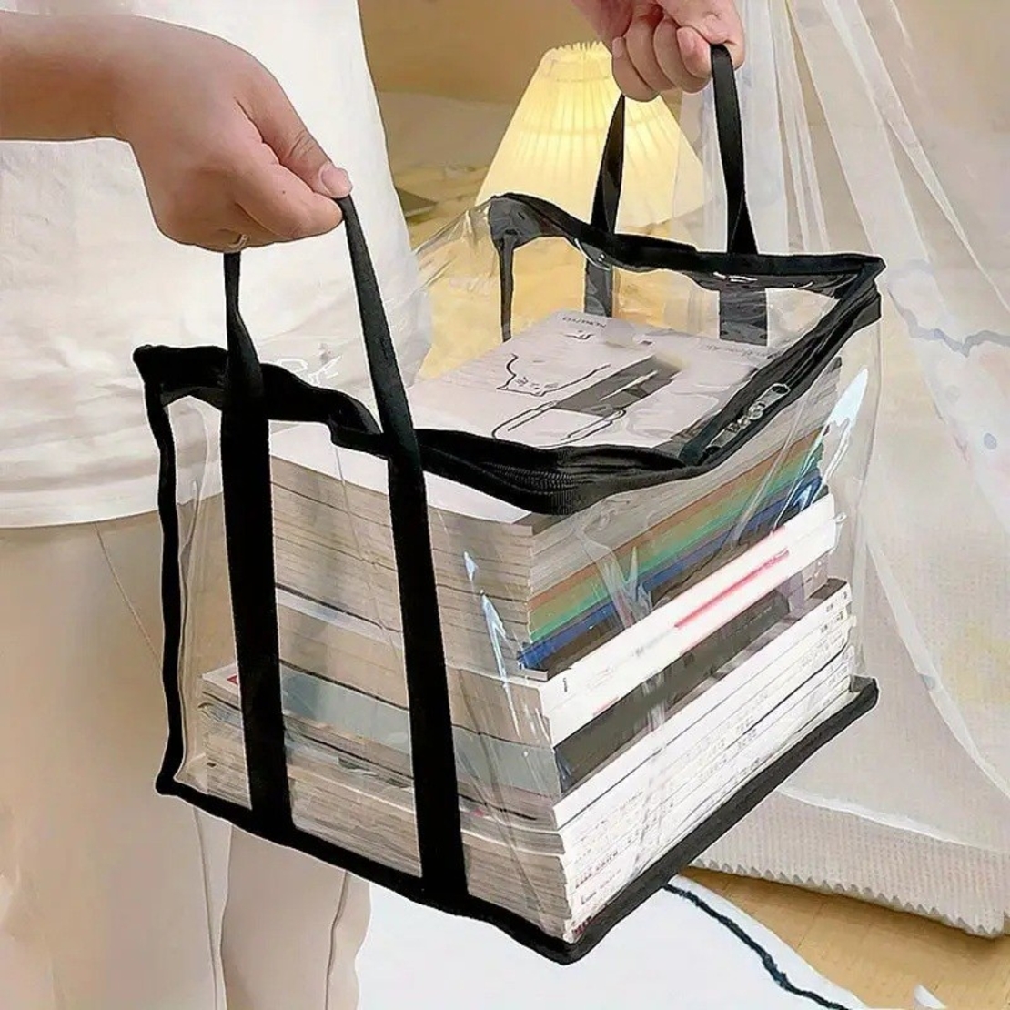 Cutie de Depozitare, Flippy, din PVC + Textil, Rezistenta la Apa, Geanta pentru Carti, 38x24x32 cm, Transparent-Negru