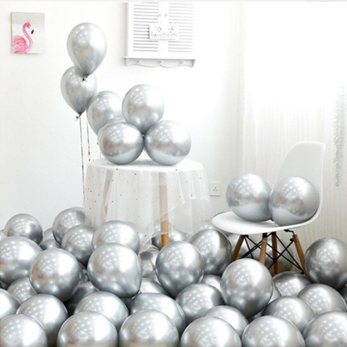 Set 12 Baloane, Flippy, din Latex Chrome, 25 cm, Argintiu