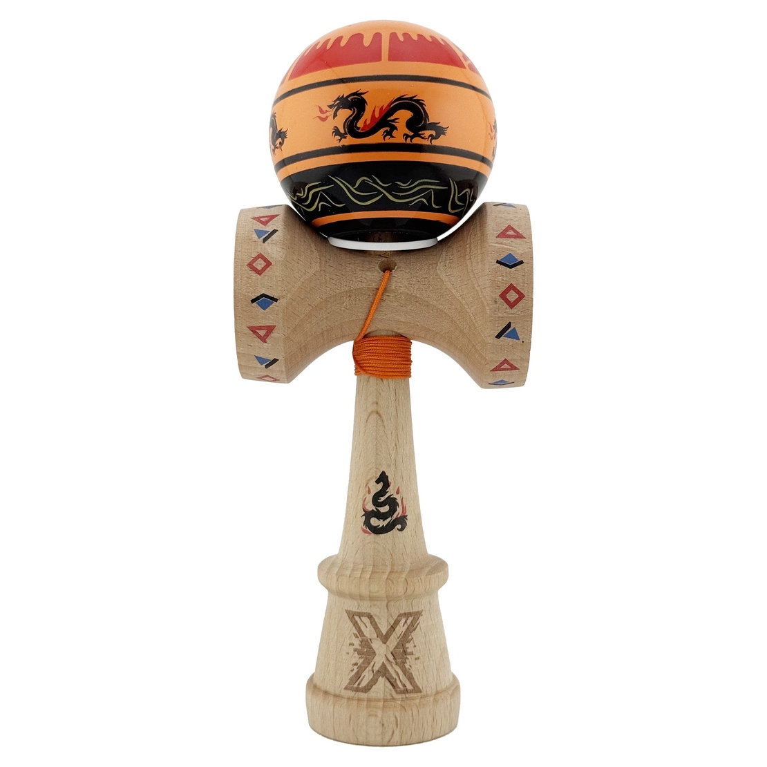Kendama X Originala, Profesionala, Flippy, DRAGON Series, Super Sticky cu Cupe Mari King Size V3, Rulment Metalic si Gaura in Baza, din Lemn 18 cm, Ata 62/65 cm, Portocaliu/Negru