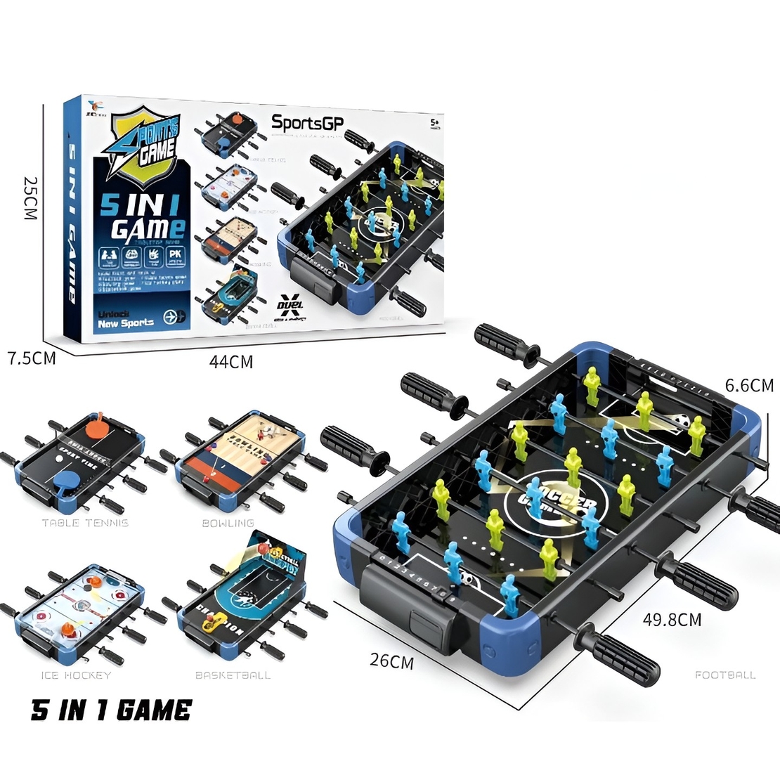 Masa de Joc 5in1 Flippy, cu Teren Schimbabil de Fotbal, Basket, Bowling, Curling si Hockey, cu Tablou Scor, din ABS, 49.8x26x6.6 cm, Design Multicolor, pentru Copii/ Adulti