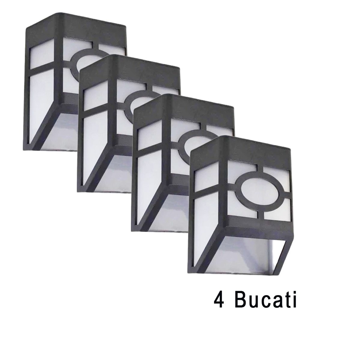 Set 4 Lampi Solare Led pentru Gradina, Flippy, Model Geometric, 11.8 x 8.6 x 5 cm, Buton On-Off, Alb Cald, Negru/Alb