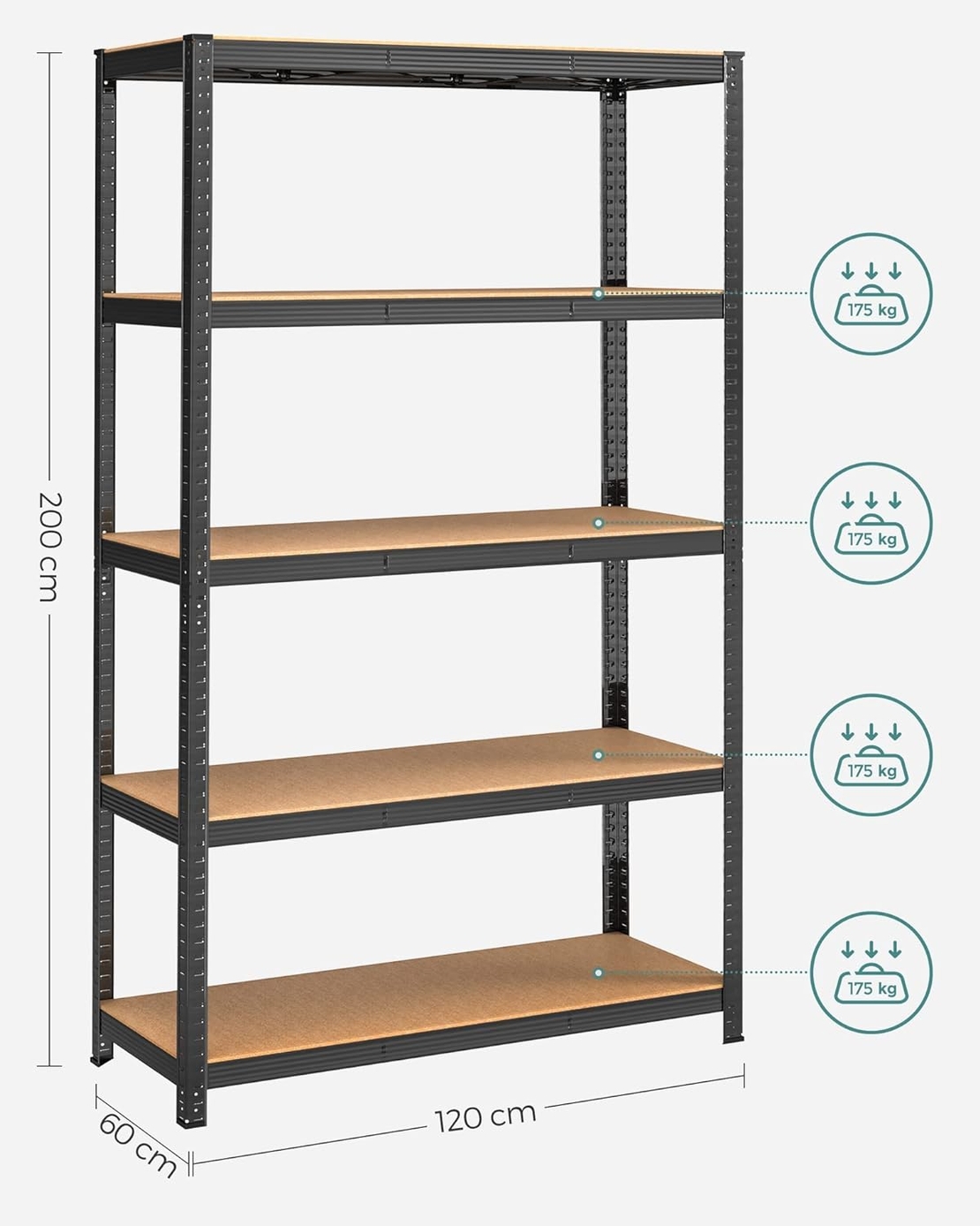 SONGMICS Raft de depozitare metalic, cu rafturi din PAL, 5 polite, max. 875 kg, 200x120x60cm, negru