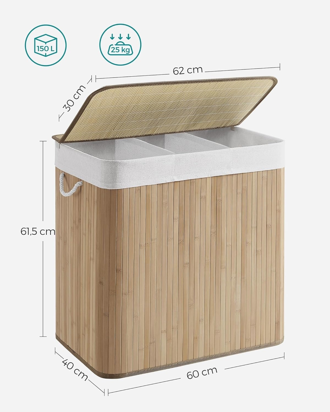 SONGMICS Cos de rufe din bambus, pliabil, cu captuseala detasabila lavabila, 3 compartimente, 150L, 60x40x60cm, natural
