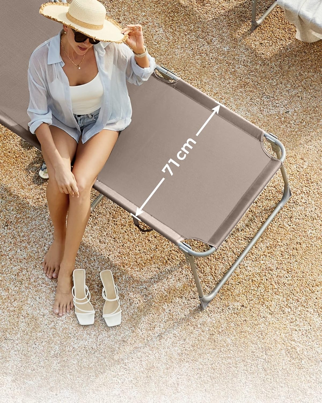 SONGMICS Sezlong pliabil, cu parasolar si tetiera, spatar reglabil in 4 pozitii, maxim 150kg, 200x71x38 cm, taupe