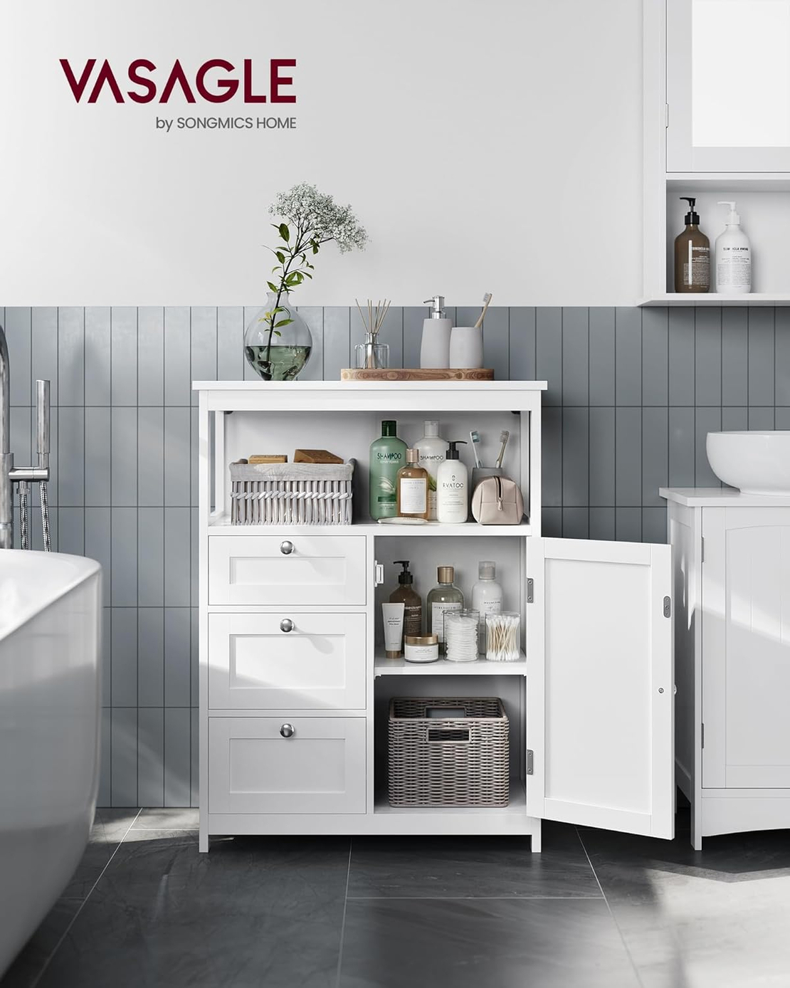 VASAGLE Dulap de baie cu 3 sertare si dulap, raft reglabil, MDF, 60x30x80 cm, alb