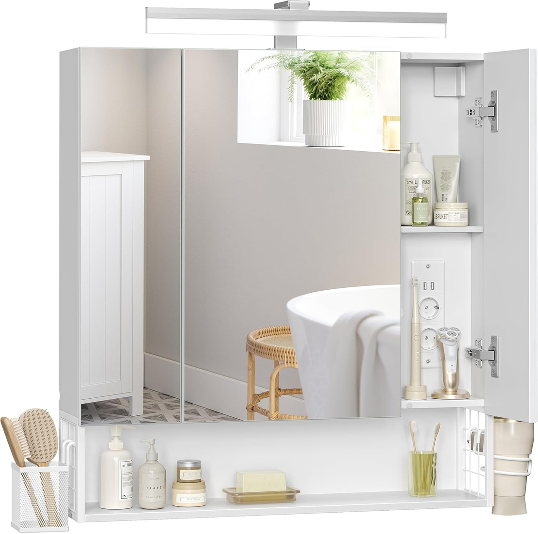 VASAGLE Dulap de baie de perete, cu oglinda si LED, prize si USB incorporate, 70x16x75 cm, alb