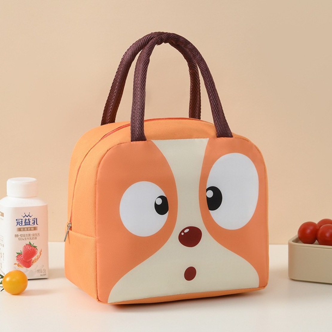 Geantă Frigorifică, Flippy, cu Desene Animat, Portabilă pentru Copii, de Prânz, din Pânză Oxford, 22x14x19 cm, Model Catelus, Maro