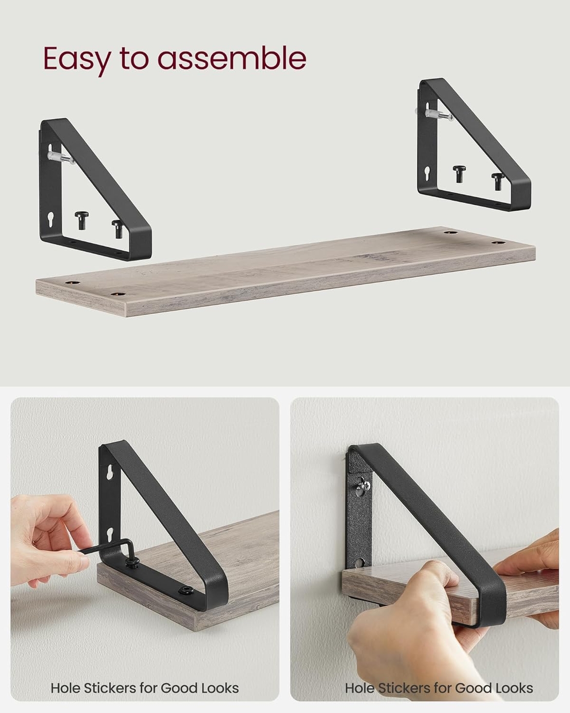 VASAGLE Raft de perete, set 3 bucati 30cm, 35cm si 40cm, 2 moduri de montare, gri si negru