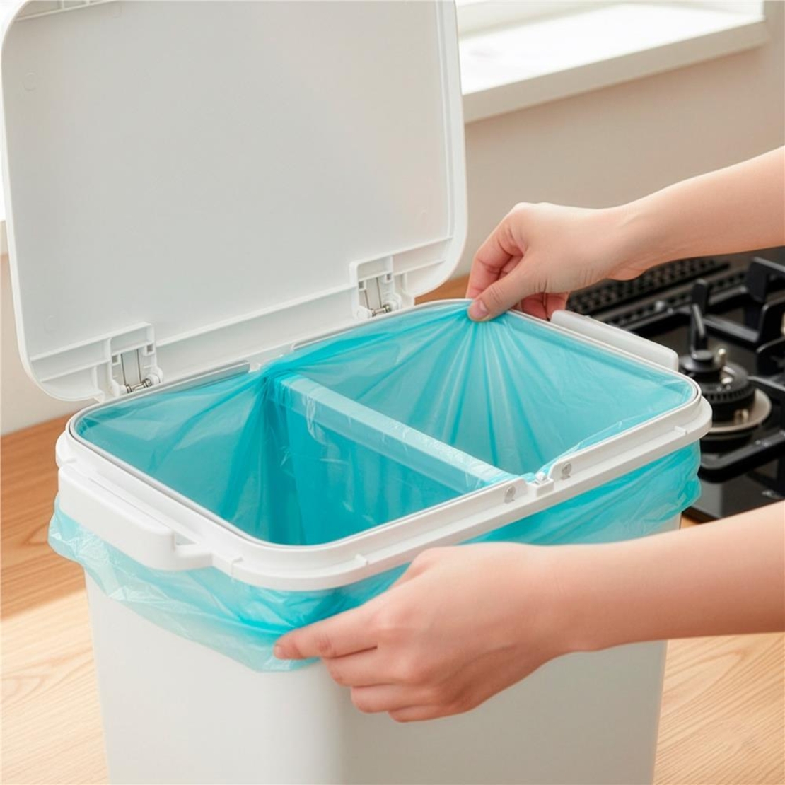 Cos de gunoi pentru colectare selectiva cu 3 compartimente, pe roti, 42 L, alb