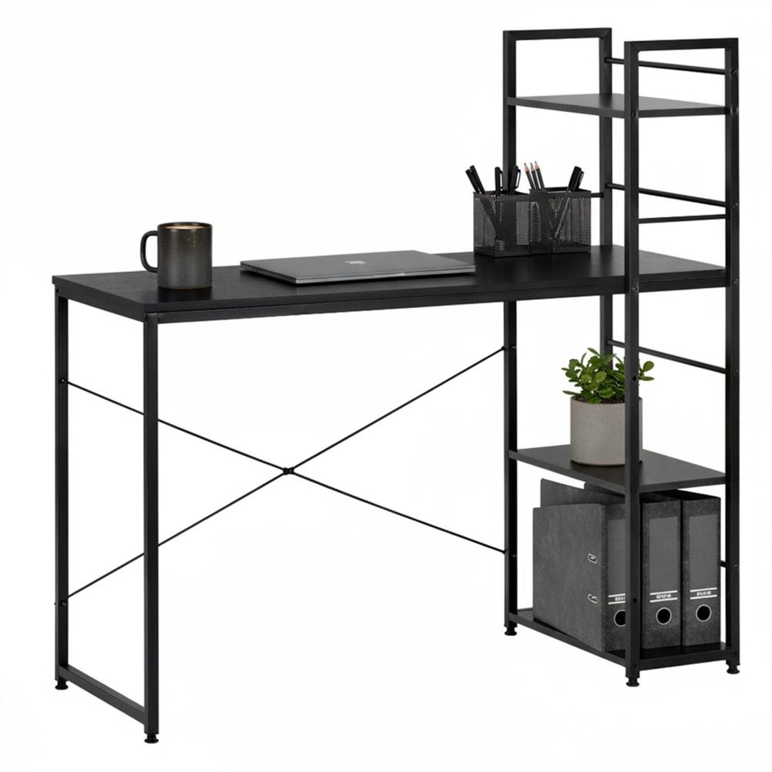 Birou cu blat MDF si rafturi laterale, cadru metalic, 120x48x122 cm, negru