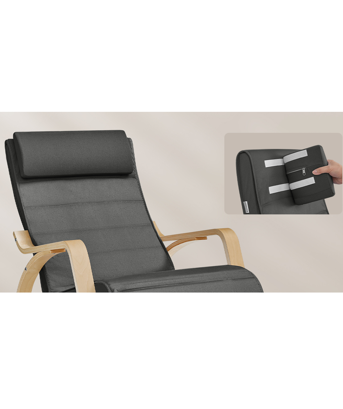 SONGMICS Scaun balansoar din lemn, suport picioare reglabil, maxim 150kg, 67x122x84 cm, gri inchis