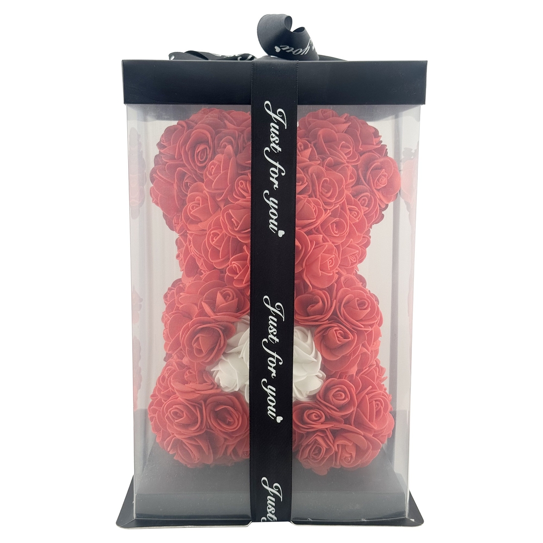 Ursulet din Flori, Flippy, Ursulet din Trandafiri de spuma, Ursuletul 17 x 17 x 23 cm / Cutia Trasparenta 19 x 19 x 28 cm, Rosu