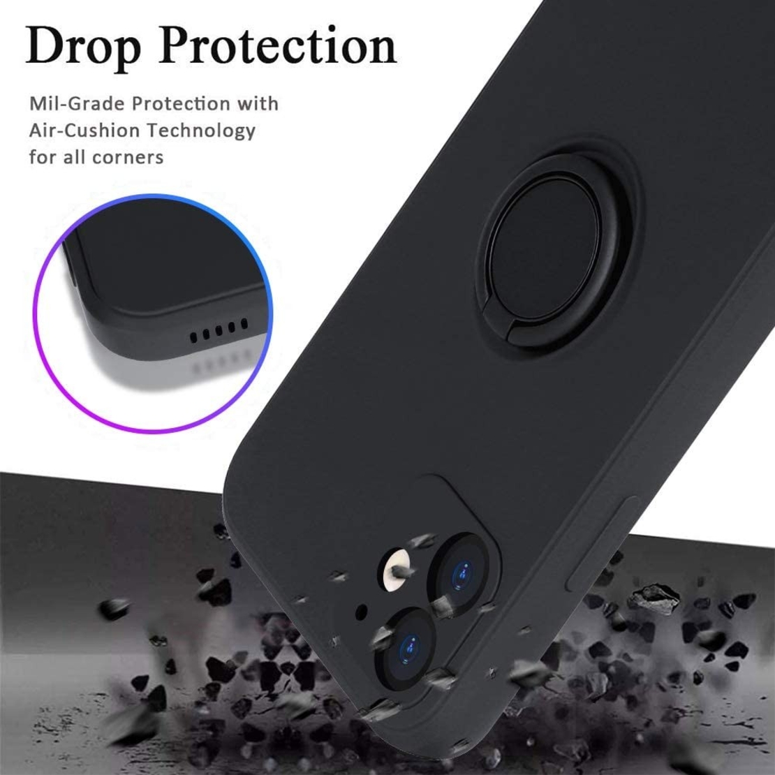 Husa protectie Vafy compatibila cu Apple iPhone 12 Mini Liquid Silicone Ring cu suport rotativ Negru