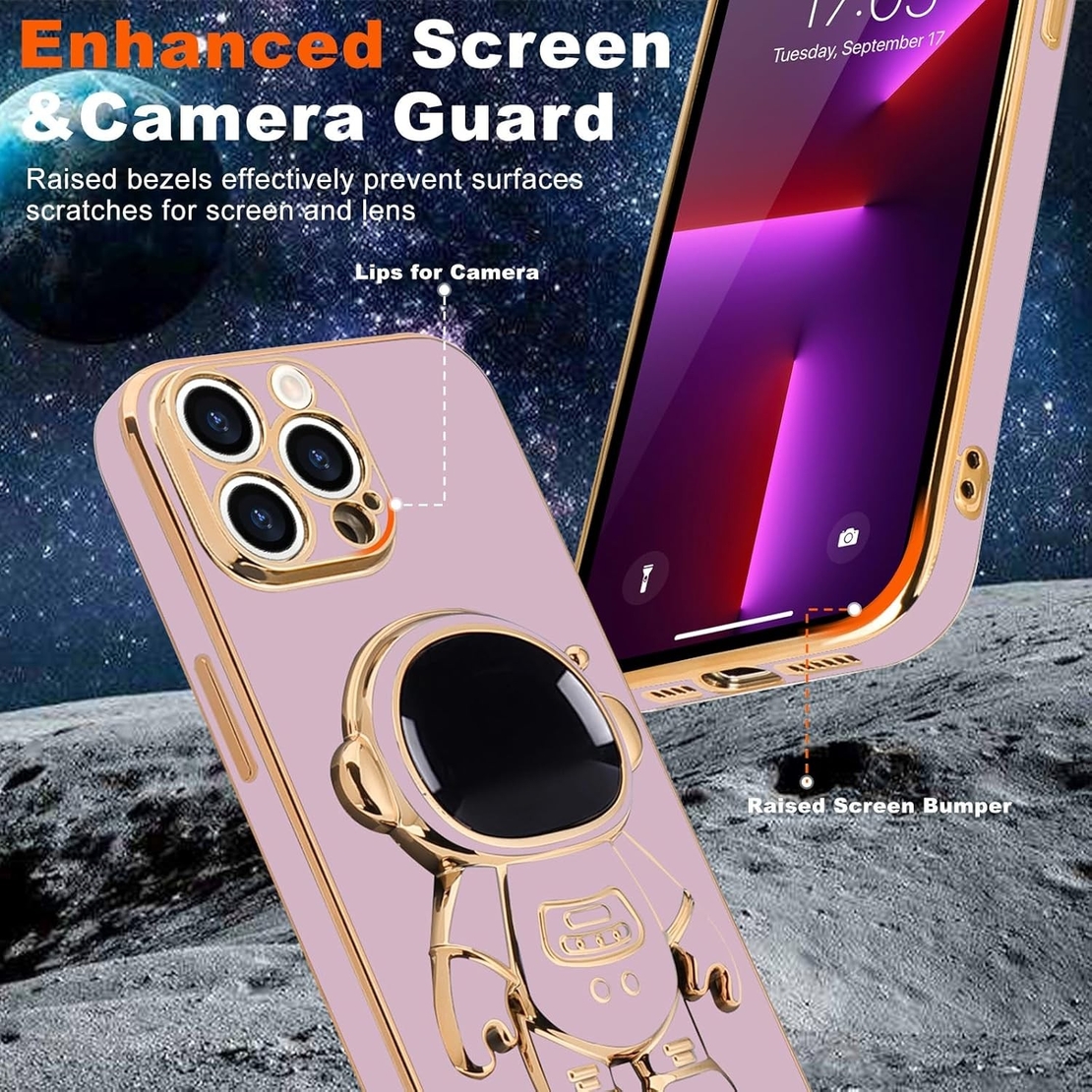Husa de Protectie TPU 2in1, Vafy, pentru Apple iPhone 14 Pro Max, Astronaut cu Suport, Antisoc, Rezistenta la Impact, Protectie Camera, Mov