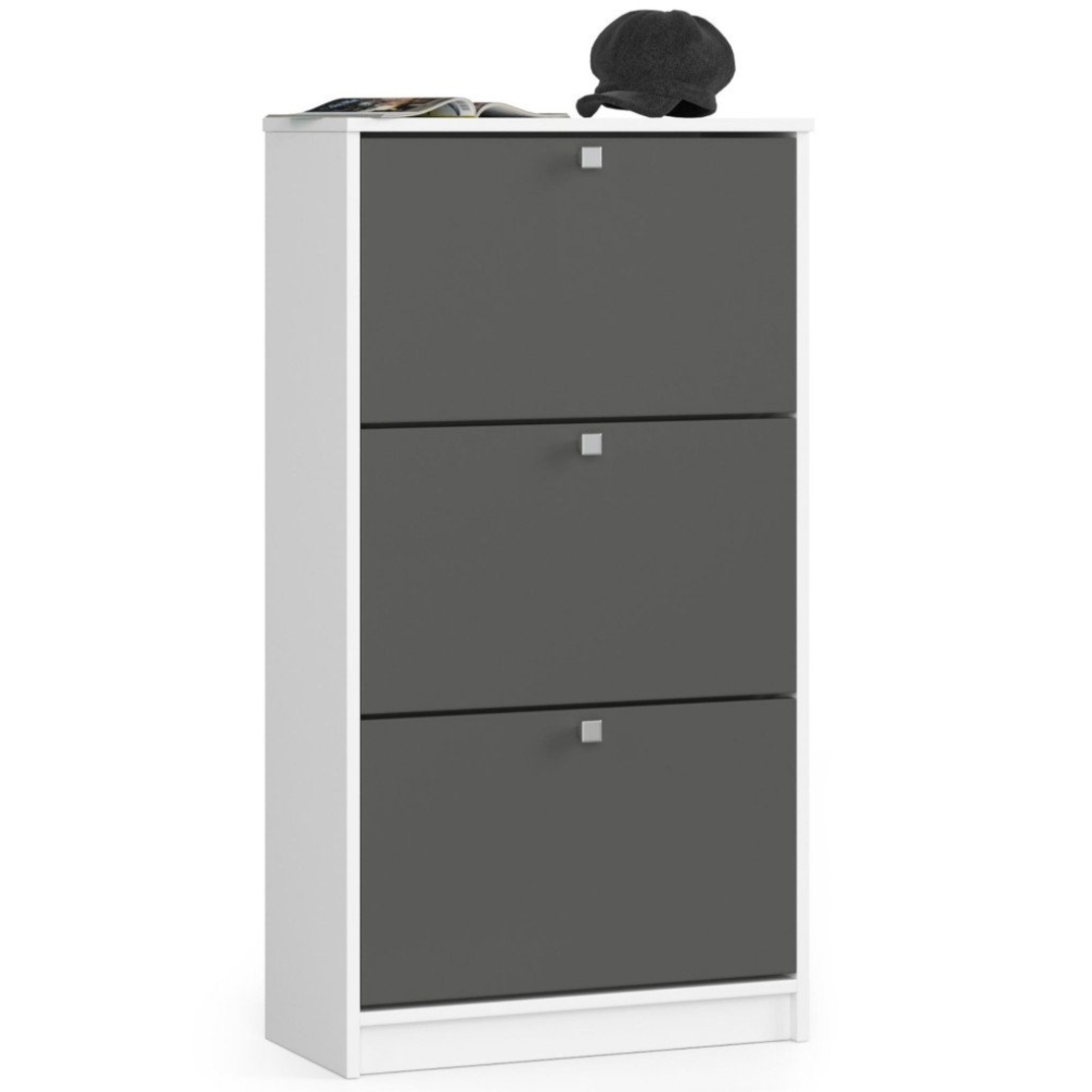 Dulap pantofi cu 3 usi rabatabile, PAL laminat 16 mm, 60x29x113 cm, alb si gri