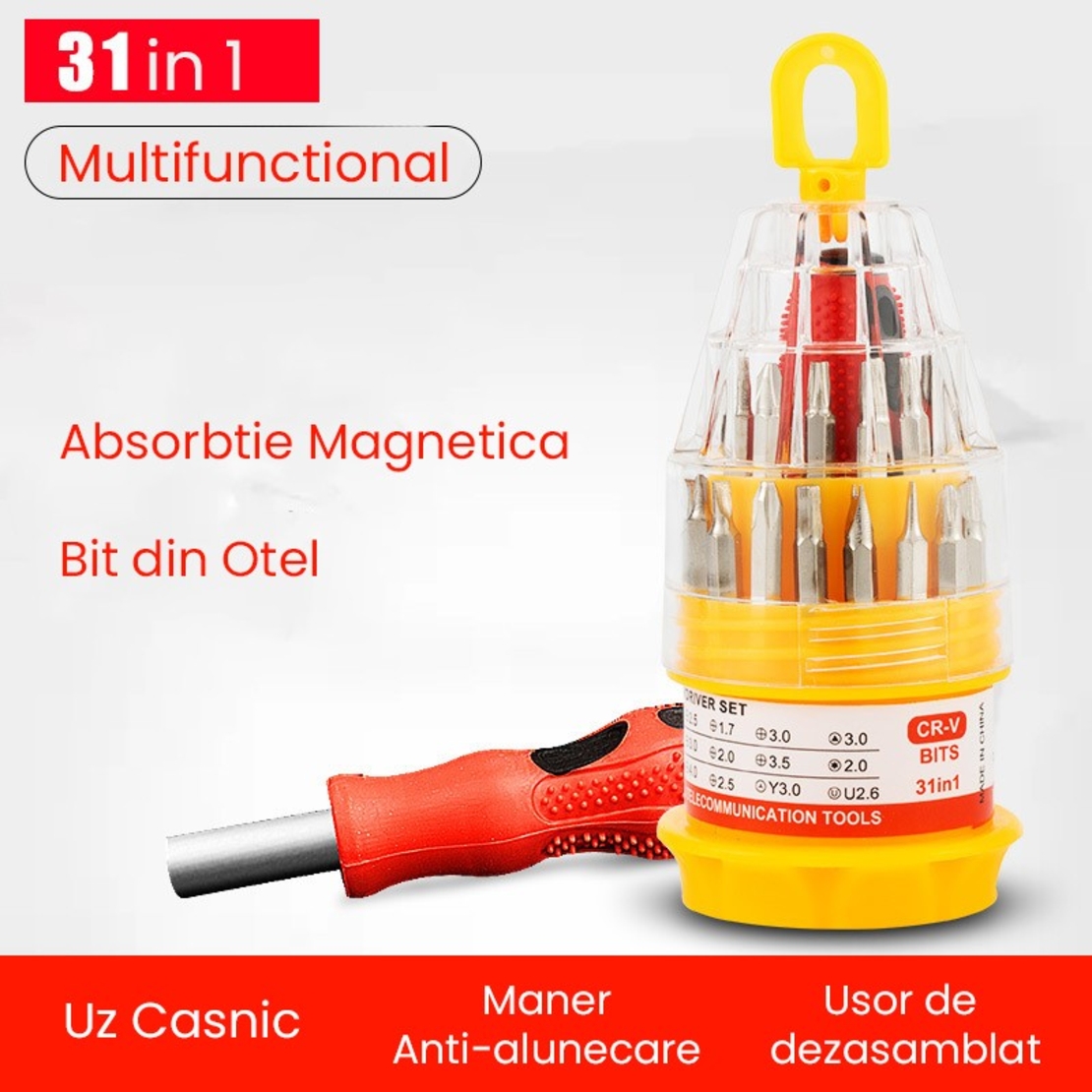 Set de Surubelnite 31-in-1 cu Clichet, Vafy, Set de Uz Casnic pentru Repararea Electronicelor Mici, Maner durabil Izolat Magnetic, 10 x 5 x 5 cm, Galben